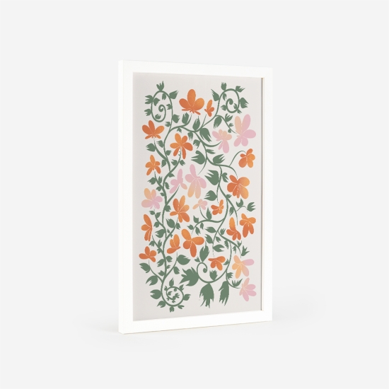 Poster de um padrão com elementos florais estilizados, incluindo várias flores e folhas conectadas por vinhas. 5